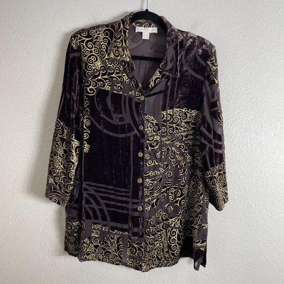 Un Jour Ailleurs Womens 10 Button Up Velvet Burnout Shirt Tunic Top Purple Gold - Picture 7 of 13